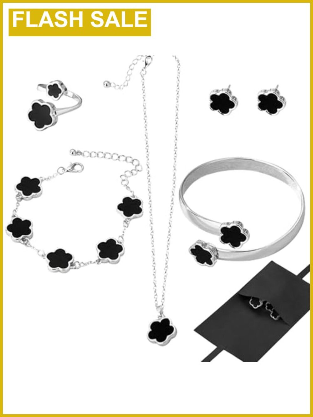 Gold Plated Lucky Flower Jewelry Set Necklace Earrings Bracelet Bangle Ring
